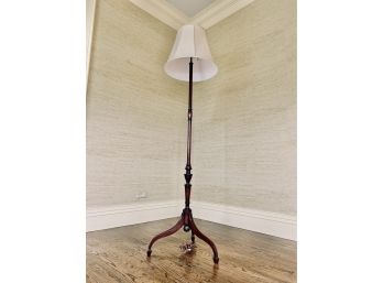 Dark Wood Carved Three Legged Floor Lamp With Cream Linen Shade