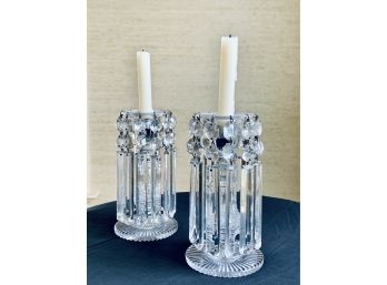 Pair Of Nesle English Crystal Mantel Lustres - Regency Style With Long Prisms - Circa 1820