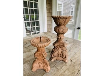 Pair Of Terracotta Carved Candlesticks