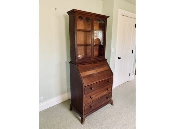 Dark Wood Secretary With 2 Glass Doors, 3 Drawers And A Drop Down