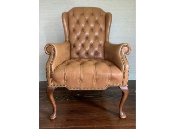 Leather Chesterfield Wingback Chair - Caramel Leather With Brass Nailhead Detail