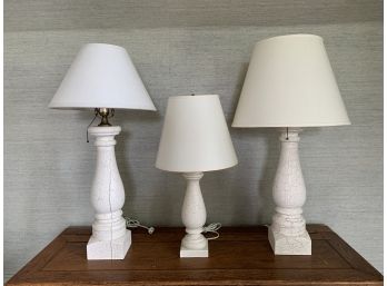 Collection Of 3 Distressed White Crackle Painted Wood Lamps