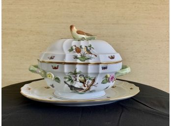 Herend Porcelain Rothchild Bird Pattern Covered Soup Tureen With Bird Finial And Oval Platter