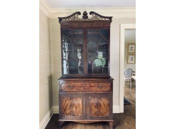 Carved Dark Wood Secretary With 2 Glass Doors And 2 Doors For Storage - Lighted