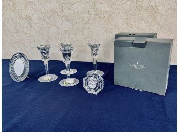 Collection Of Waterford Pieces - 1 Clock And 2 Boxes Of  5 Candlesticks