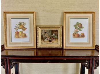 Collection Of Gold Framed Art - 2 Fruit Prints And 1 Signed Oil On Canvas