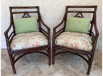 Pair Of Bamboo Armchairs With Lime Green Floral Fabric