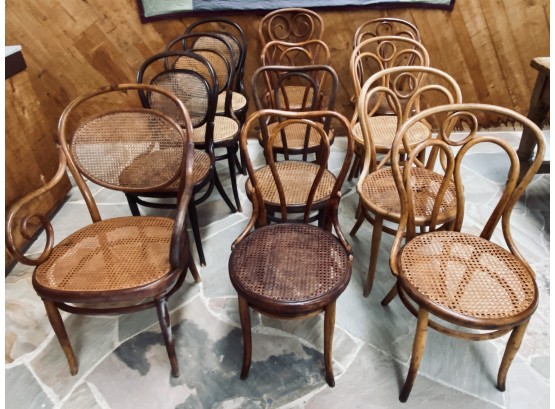 Collection Of 12 Unmatched Vintage Danish Bentwood And Cane Chairs - 11 Side Chairs And 1 Arm Chair