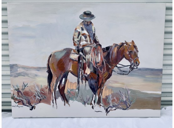 Signed Oil On Canvas - Cowboy On Horse In Desert Motif