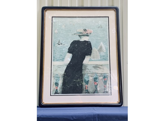 Large Framed Signed Campuel Print Featuring Woman On Balcony