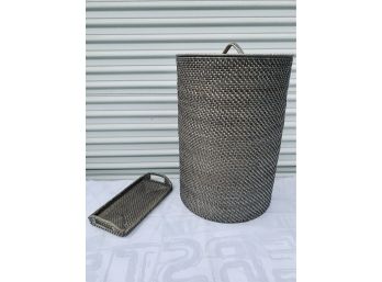West Elm Grey Woven Rattan Covered Hamper And Tray