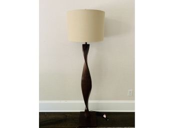 Modern Twisted Dark Wood Standing Lamp With Sand Linen Shade