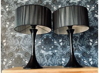 Pair Of Black Spun Light Modern Table Lamps With Black Silk Thread Shades - Flos Sebastian Wrong