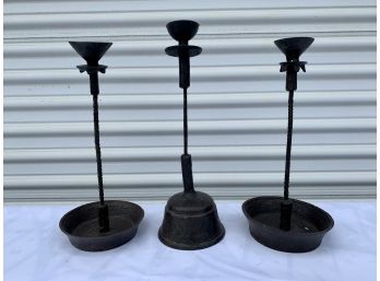 Collection Of 3 Antique Wrought Iron Candle Holders