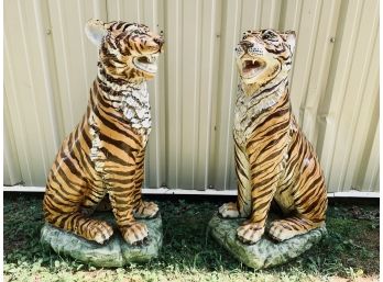 Pair Of Ceramic Lifesize Hand Painted Signed Tigers - CVE 1967