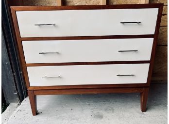 Mitchell Gold Modern Dark Wood Dresser With Cream Contrast Drawers And Chrome Pulls