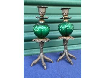 Pair Of Antique Candlesticks - Green Glass And Bronze - Claw Detail