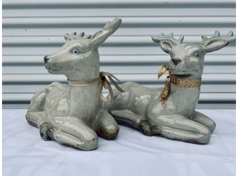 Pair Of Antique Cream Ceramic Holiday Deer