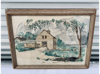 Framed Antique Watercolor And Ink Signed Jay Killian - Barn Scene