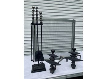 Set Of  Giacometti Style Sculptural Andirons And Fireplace Tools Plus Brushed Nickel Screen