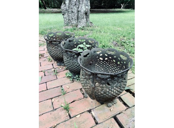 Set Of 3 Antique Wrought Iron Planter Holders