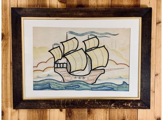 Framed Fabric With Tall Ship Embroidered And Painted