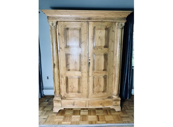 Antique Carved Pine Armoire With 2 Doors And 2 Drawers