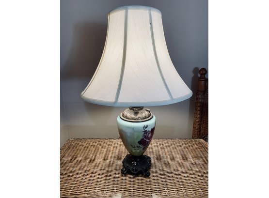 Painted Victorian Ceramic And Metal Table Lamp - Floral Motif
