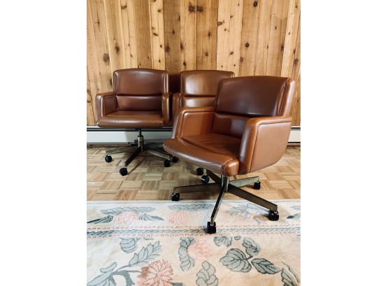 Set Of 3 Caramel Leather Office Armchairs On Casters