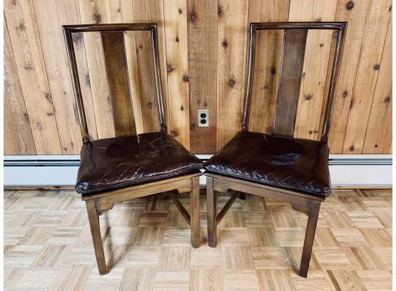 Pair Of Antique Wood Chairs With Leather Seats