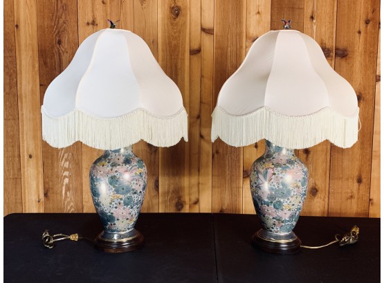 Pair Of Cloisonne Table Lamps With Hummingbird Finials