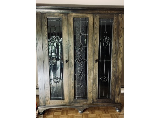 Very Large Dark Wood And Leaded Glass Armoire With Hanging Storage And 1 Shelf
