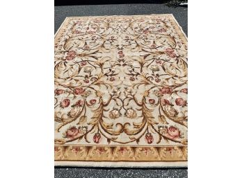 Large Wool Rug With Floral Motif - Green, Brown, Salmon, Rust, Yellow