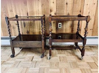 Pair Of Antique Wood Side Tables With 2 Shelves With Glass Inserts