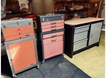 Lot Of 2 Toolboxes On Wheels And 1 Work Bench