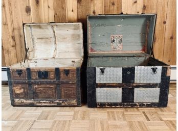 Pair Of Antique Wood Trunks With Domed Tops - 1 Has Hammered Tin Skin