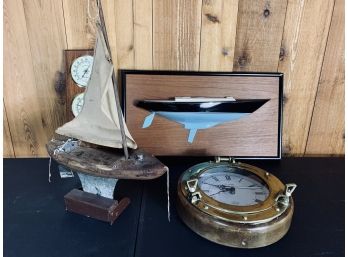 Collection Of Nautical Items - Clock, Barometer, 1/2 Ship Framed, Antique Boat On Stand