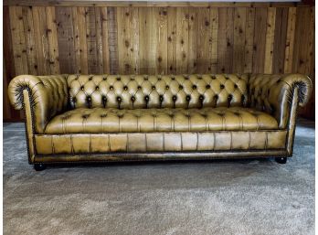 Caramel Leather Button Tufted Chesterfield Sofa With Brass Nailhead Detail