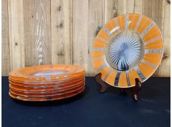 Set Of 9 Orange And Clear Cut Glass Side Plates - Very Vintage