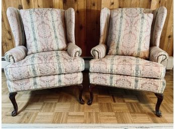 Pair Of Wingback Armchairs With Brass Nailhead Detail - Damask Fabric - Down Cushions
