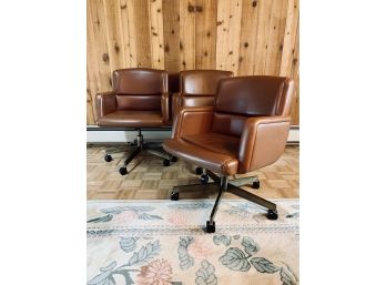 Set Of 3 Caramel Leather Office Armchairs On Casters