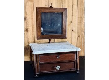 Antique Wooden Makeup Stand With Mirror And 2 Drawers And Marble Top