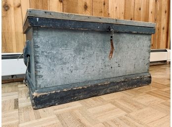 Antique Distressed Painted Grey Wood Trunk With Storage Compartments - Circa 1840