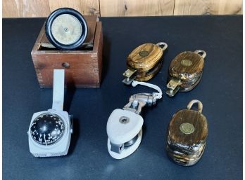Collection Of 4 Nautical Pulleys  And Box With Compass