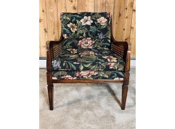 Wood Club Chair With Tapestry Fabric And Cane Detail Sides