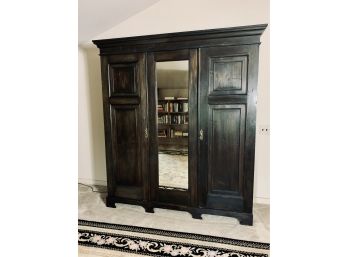 Antique Mirrored Storage Armoire With Hanging And Shelves