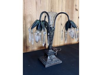 Antique Tin Metal Lamp With Cut Crystal Vase Insert And Crystal Hanging - 3 Arm
