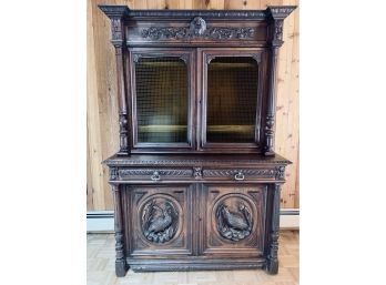 Ornate Antique Carved Dark Wood Breakfront - 4 Doors And 2 Drawers - No Key And Has Been Repaired
