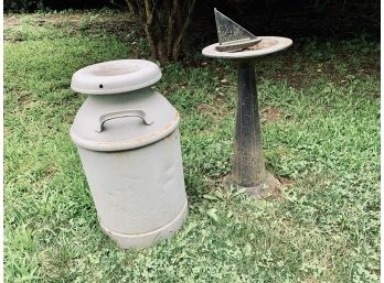 Antique Sailboat Sundial On Stand And Vintage Queens Farms Iron Milk Container
