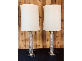 Vintage Cut Glass, Marble And Brass Table Lamps With Silk Shades